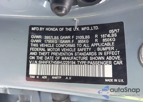 2017 Honda Civic Ex из США, поврежденный, VIN SHHFK7H58HU229194